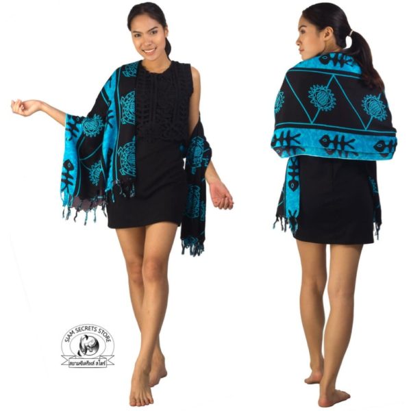 Blue & Black Sarong worn as a shawl