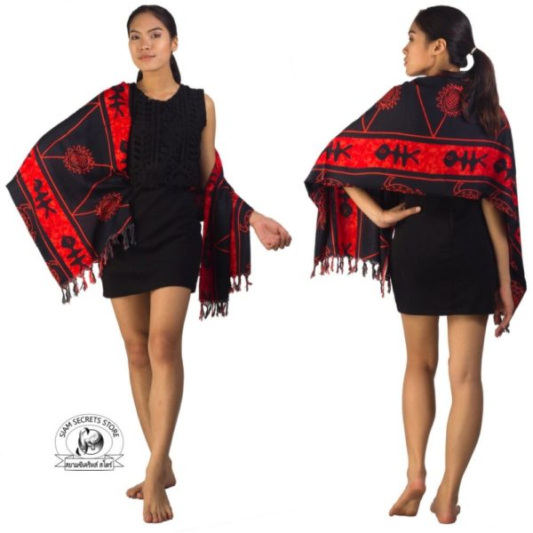 Siam secrets Black Sarong With Red Batik Print worn as a shawl