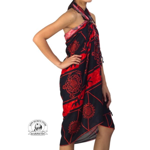 black sarong with red batik print