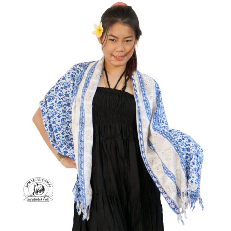 blue Thai elephant sarong as a shawl