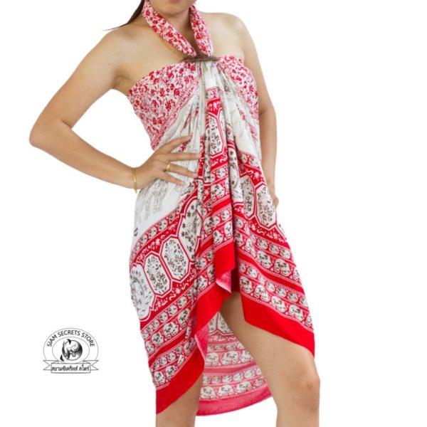 red thai sarong featuring elephant print