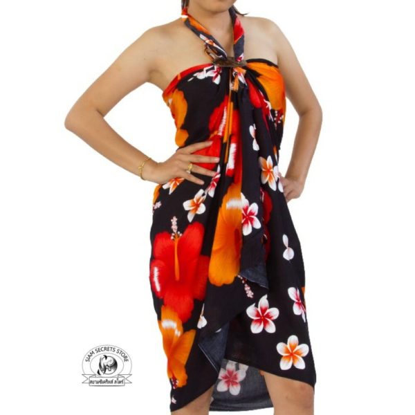 Hawaiian sarong red flowers on black front
