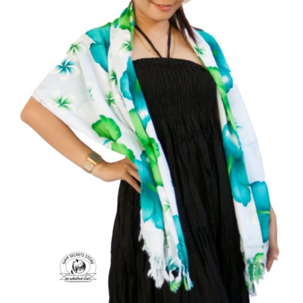white floral sarong with green flowers scarf