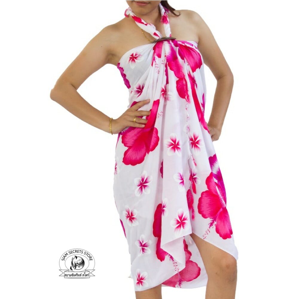 White base with Deep Pink Flowers Fringed Sarong 