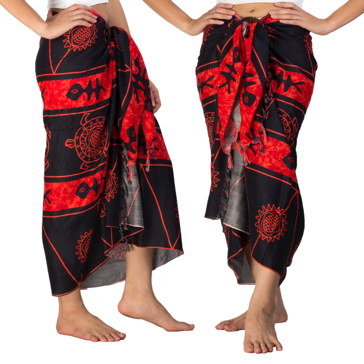 Red Blue Hand Batik Sarong Pareo Scarf Wrap Full Size Rayon Beach Cover up