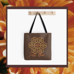 Queen bee honeycomb design on a brown tote bag